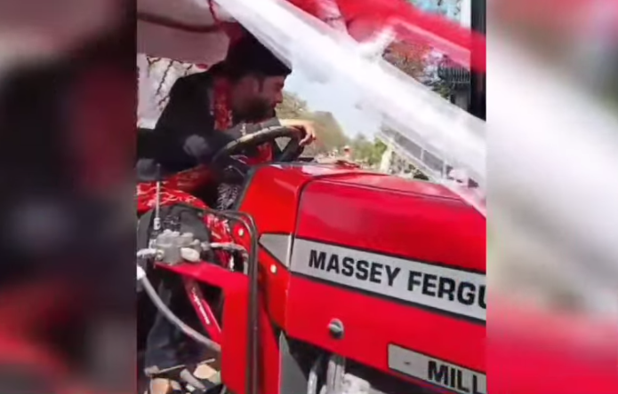 Groom arrives at wedding venue on decorated tractor in Wazirabad