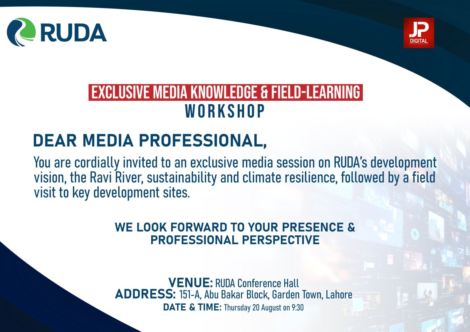 RUDA, Jahan Pakistan Digital to Host Special Informative Workshop for Journalists in Lahore